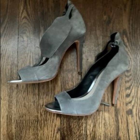 Elie Tahari Gray Suede Open Toe Pumps - Picture 1 of 9